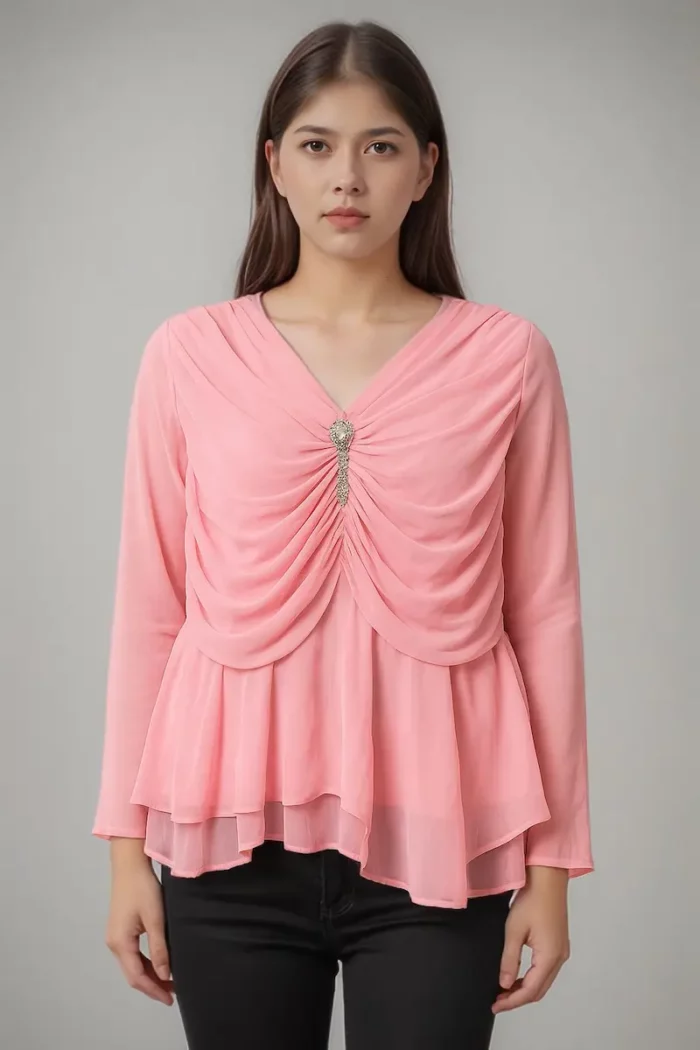 Light Pink Draped Chiffon Top With Crystal Embellishment And Layered Hem - Image 3
