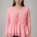 Light Pink Draped Chiffon Top with Crystal Embellishment and Layered Hem