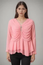 Light Pink Draped Chiffon Top with Crystal Embellishment and Layered Hem
