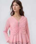 Light Pink Draped Chiffon Top with Crystal Embellishment and Layered Hem - Image 4