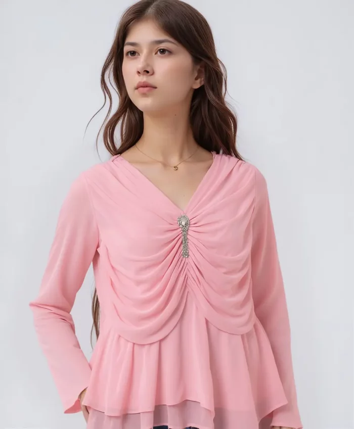 Light Pink Draped Chiffon Top With Crystal Embellishment And Layered Hem - Image 4