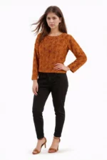 Floral Textured Knit Boat Neck Top in brown - Image 5