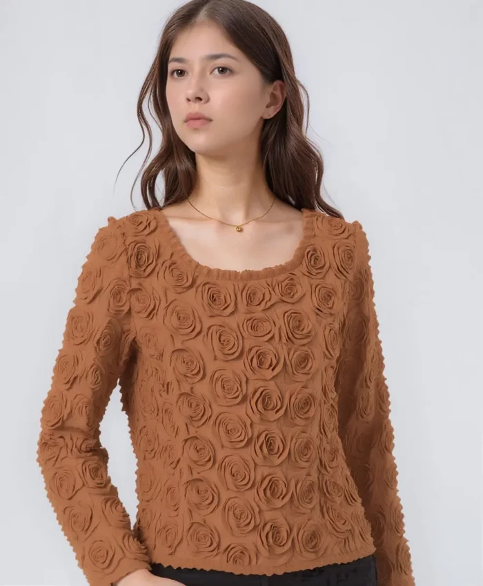 Textured Rose Appliqué Long Sleeve Top - Image 3