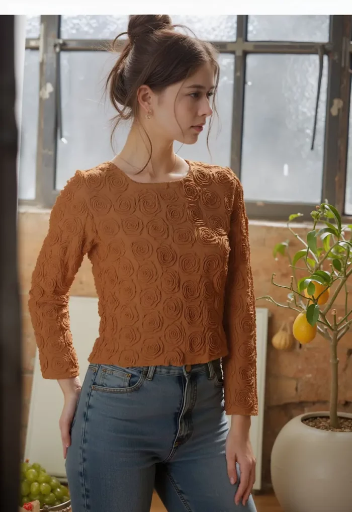 Textured Rose Appliqué Long Sleeve Top - Image 1