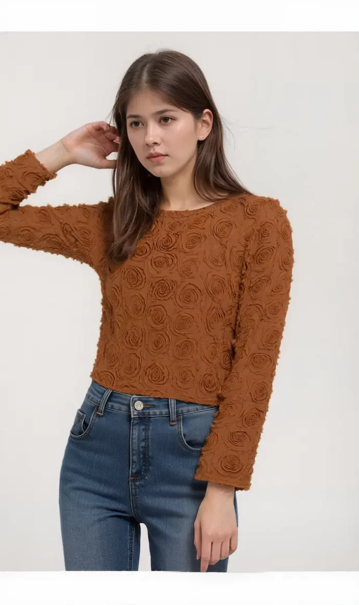 Textured Rose Appliqué Long Sleeve Top - Image 5