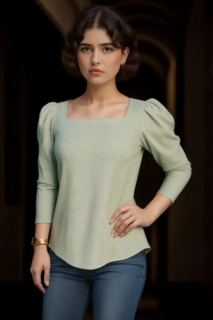 Sage Green Square Neck Puff Sleeve Top - Image 1