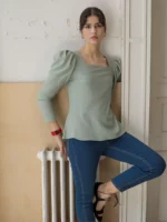 Sage Green Square Neck Puff Sleeve Top - Image 2