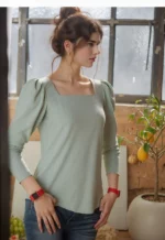 Sage Green Square Neck Puff Sleeve Top - Image 4
