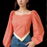 Red Gingham Puff Sleeve Peplum Top