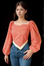 Red Gingham Puff Sleeve Peplum Top