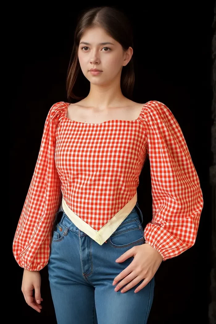 Red Gingham Puff Sleeve Peplum Top - Image 1