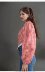 Red Gingham Puff Sleeve Peplum Top - Image 2