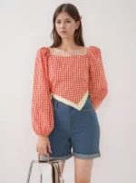 Red Gingham Puff Sleeve Peplum Top - Image 3