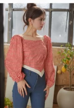 Red Gingham Puff Sleeve Peplum Top - Image 4