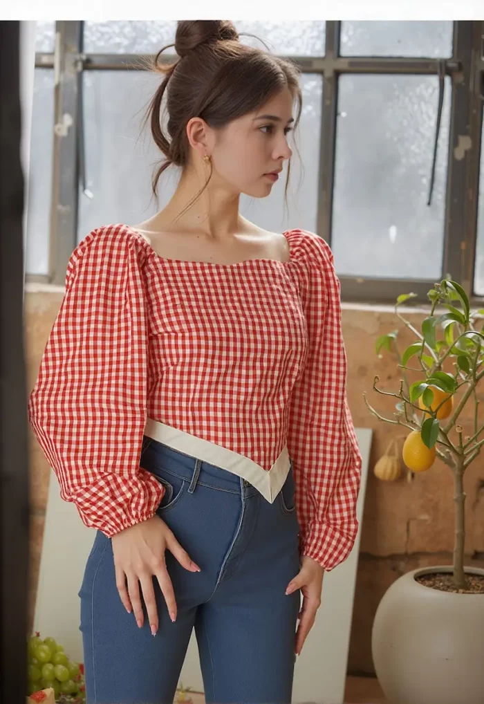 Red Gingham Puff Sleeve Peplum Top - Image 4