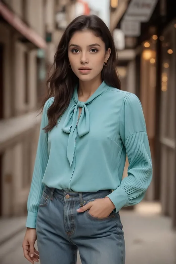 Pleated Sleeve Pussy Bow Top - Image 1