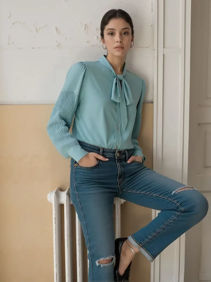 Pleated Sleeve Pussy Bow Top - Image 2