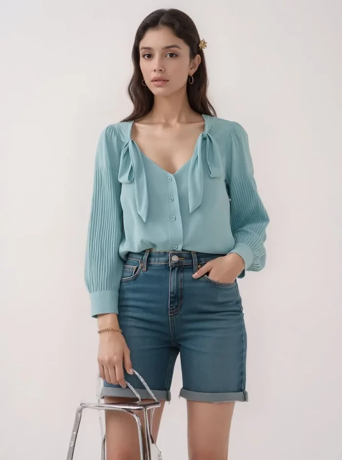 Pleated Sleeve Pussy Bow Top - Image 3