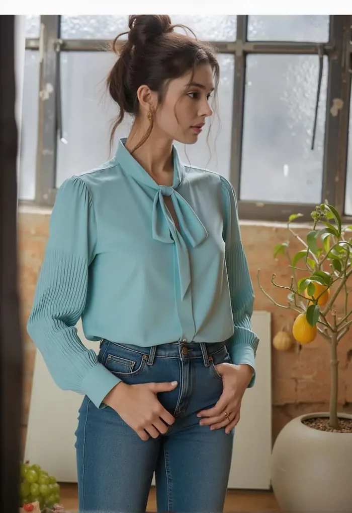 Pleated Sleeve Pussy Bow Top - Image 4
