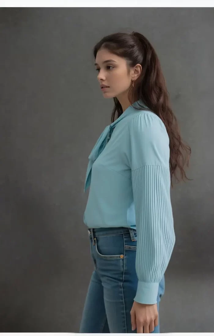 Pleated Sleeve Pussy Bow Top - Image 5