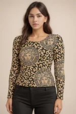Medusa Muse Beige & Black Printed Fitted Top