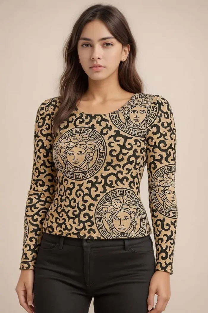 Medusa Muse Beige &Amp;Amp; Black Printed Fitted Top - Image 1