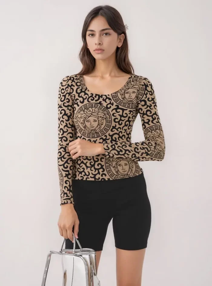 Medusa Muse Beige &Amp; Black Printed Fitted Top - Image 2