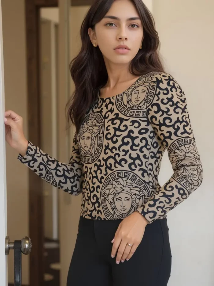 Medusa Muse Beige &Amp; Black Printed Fitted Top - Image 3