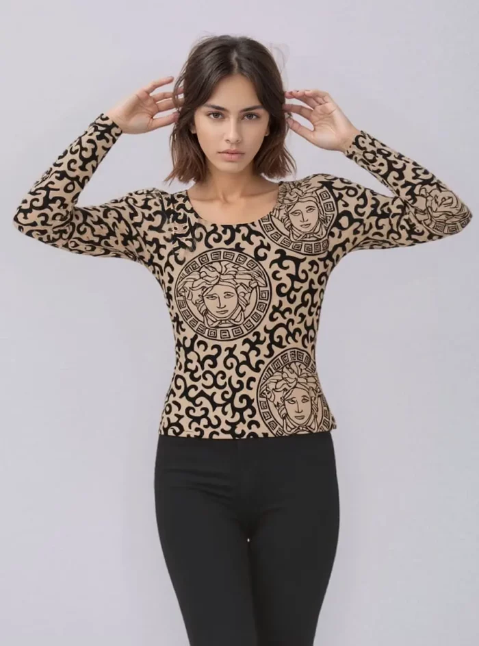 Medusa Muse Beige &Amp; Black Printed Fitted Top - Image 4