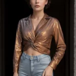 Bronze Luxe Twist-Front Metallic Crop Shirt