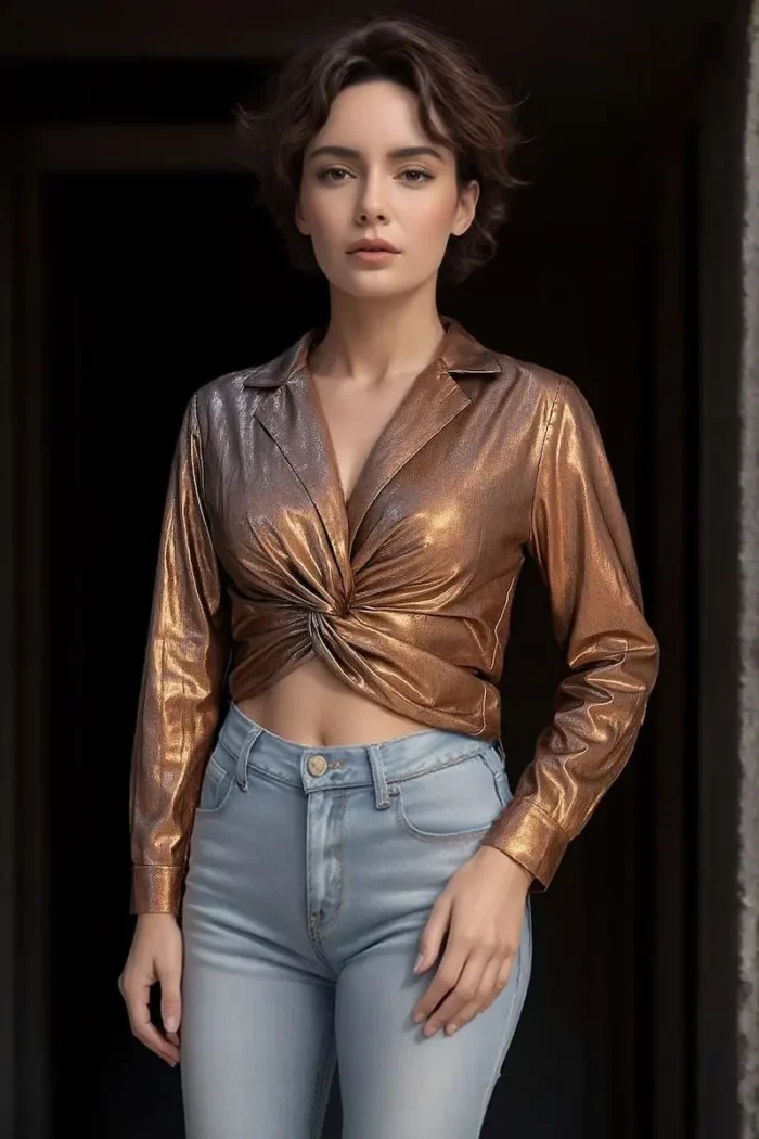 Bronze Luxe Twist-Front Metallic Crop Shirt - Image 1