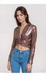 Bronze Luxe Twist-Front Metallic Crop Shirt - Image 2