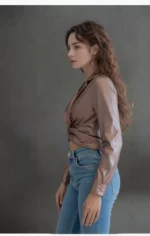 Bronze Luxe Twist-Front Metallic Crop Shirt - Image 3