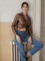 Bronze Luxe Twist-Front Metallic Crop Shirt - Image 4