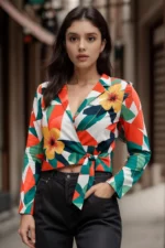 Tropical Floral Wrap Multicolour Crop top - Image 2