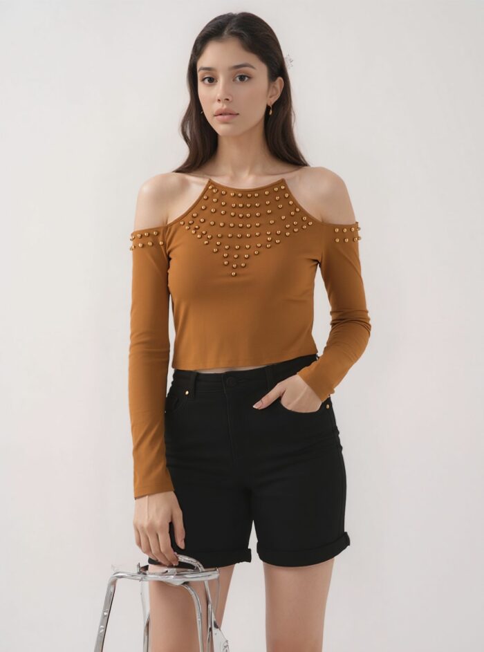 Amber Luxe Studded Cold-Shoulder Crop Top - Image 2