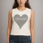 Ivory Sleeveless Top with Glitter Heart Print