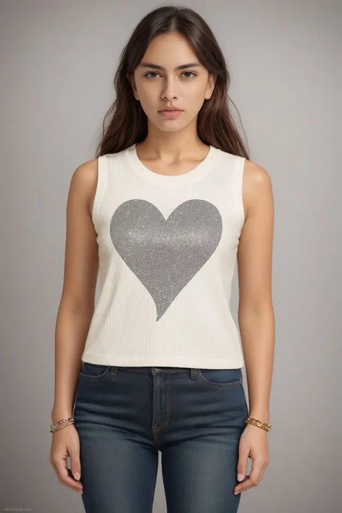Ivory Sleeveless Top With Glitter Heart Print - Image 1