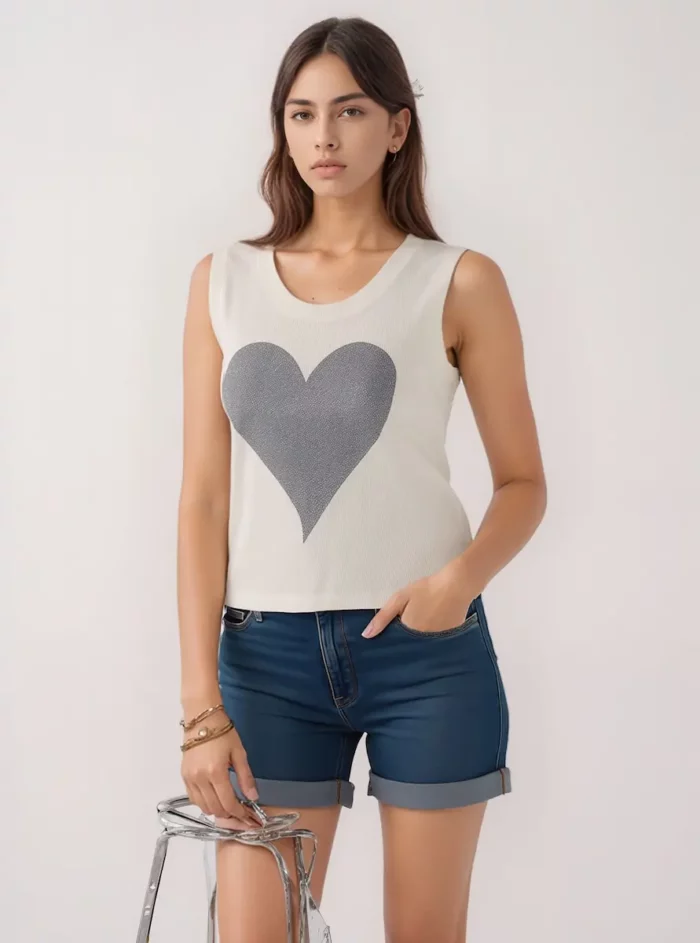 Ivory Sleeveless Top With Glitter Heart Print - Image 2