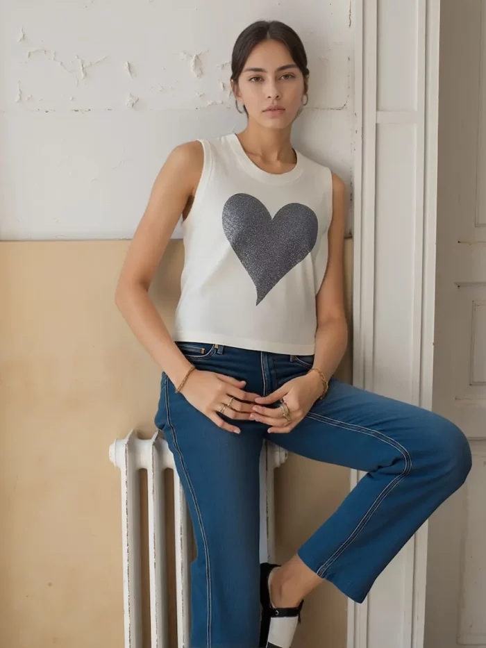 Ivory Sleeveless Top With Glitter Heart Print - Image 3