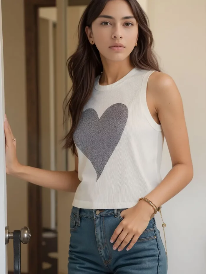 Ivory Sleeveless Top With Glitter Heart Print - Image 4