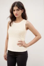 knitted White Sleeveless Top with rhinestone