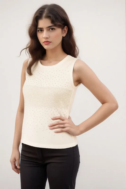 knitted White Sleeveless Top with rhinestone