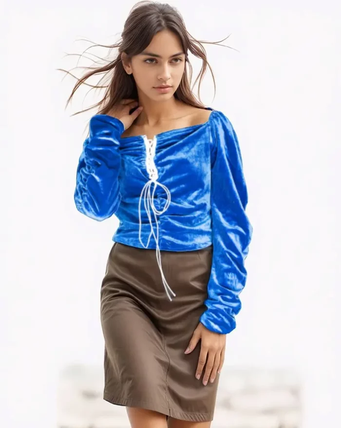 Royal Blue Velvet Lace-Up Peasant Top - Image 2