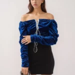 Royal Blue Velvet Lace-Up Peasant Top