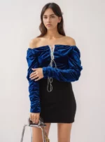 Royal Blue Velvet Lace-Up Peasant Top