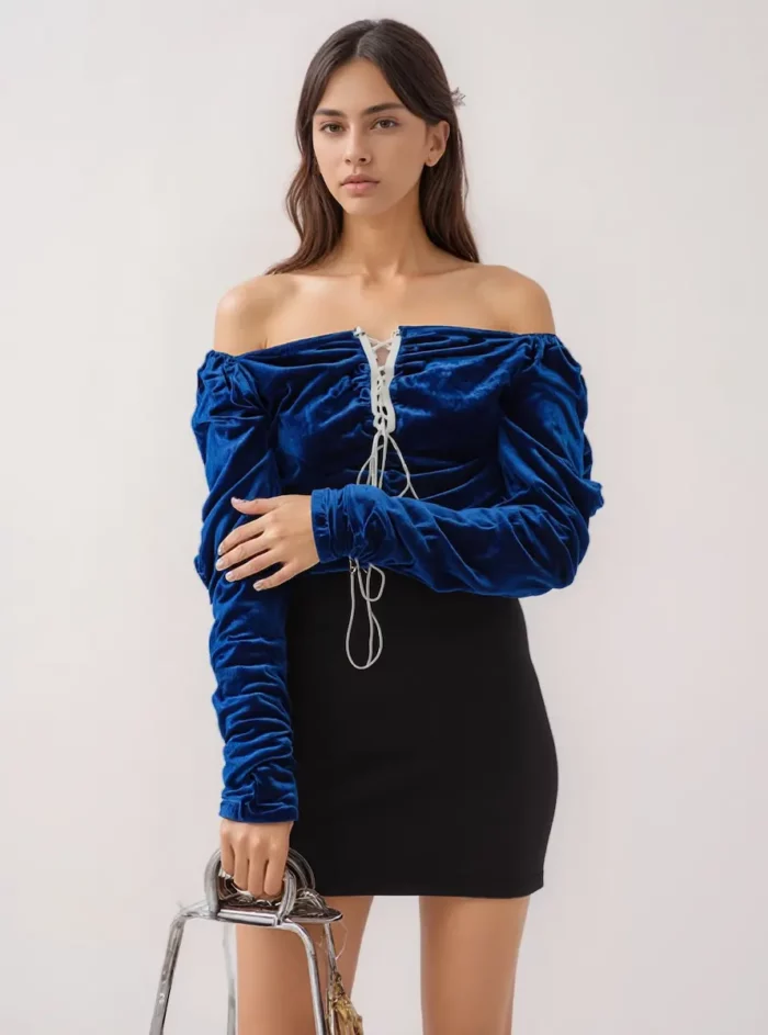 Royal Blue Velvet Lace-Up Peasant Top - Image 3