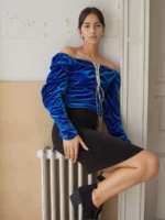 Royal Blue Velvet Lace-Up Peasant Top - Image 4