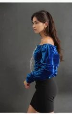 Royal Blue Velvet Lace-Up Peasant Top - Image 5