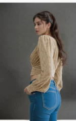 Velvet Wrap Front Puff Sleeve Crop Top - Image 2